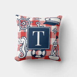 Cojín Decorativo Nautical Doodles – Red & Navy Gingham Monogram