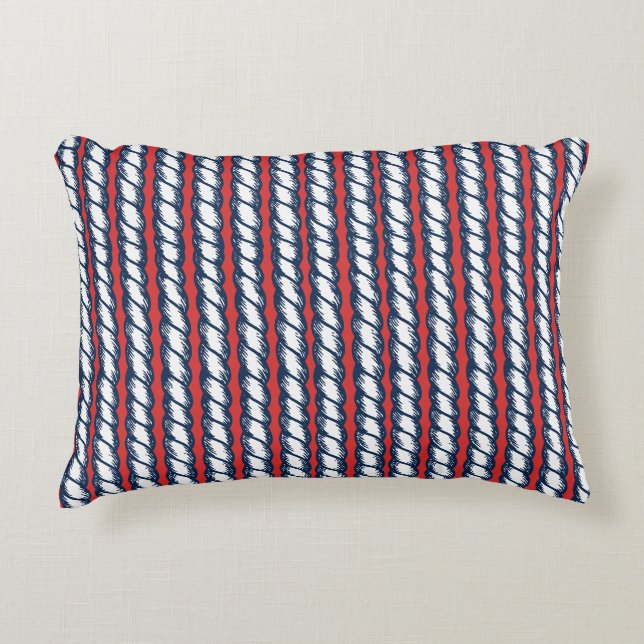 Cojín Decorativo Nautical Doodles – Red & Navy Rope Stripe (Anverso)
