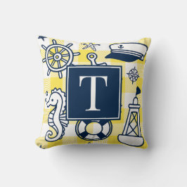 Cojín Decorativo Nautical Doodles – Yellow & Navy Gingham Monogram