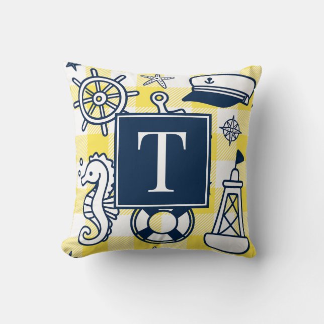 Cojín Decorativo Nautical Doodles – Yellow & Navy Gingham Monogram (Anverso)