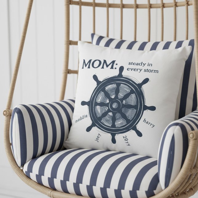 Cojín Decorativo Nautical Mom Steady Helm Family Names (Nautical Mom pillow with Family Names - perfect for mother's day, birthday or just because!)