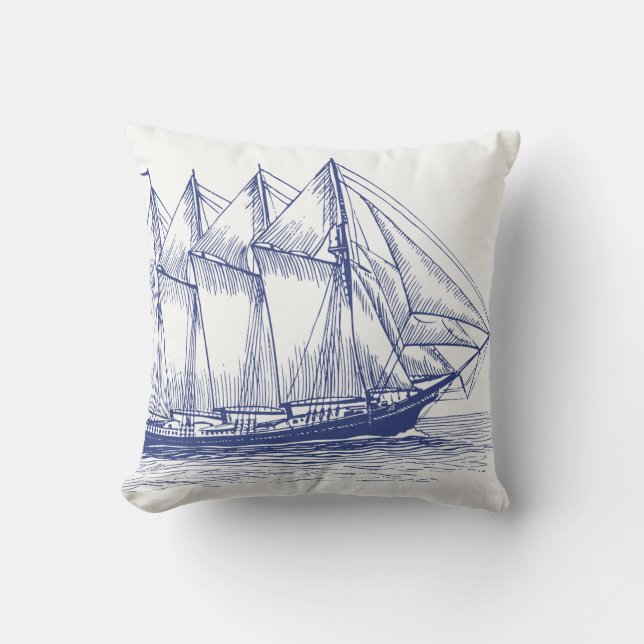 Cojín Decorativo Nautical Naval Blue Ship Schooner (Anverso)