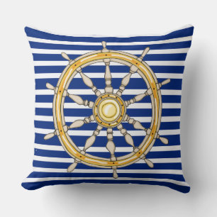 Cojín Decorativo Nautical Navy Blue Striped Ship Wheel 1 Pillow