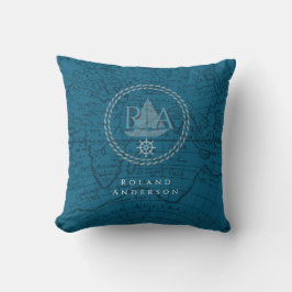 Cojín Decorativo Nautical Rope Monogram Map Blue