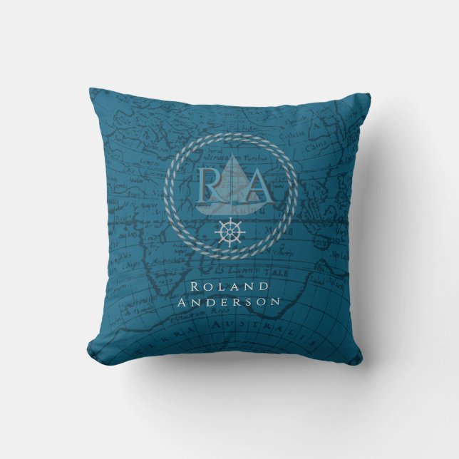 Cojín Decorativo Nautical Rope Monogram Map Blue (Anverso)