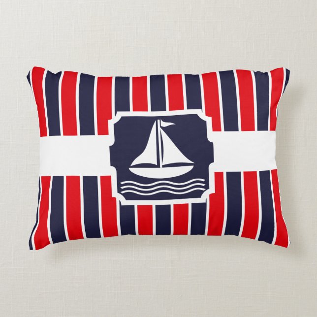 Cojín Decorativo Nautical Sailboat Red | Patrón de franjas azules (Anverso)