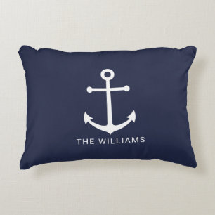 Cojín Decorativo Nautical White Anchor y nombre personalizado en az