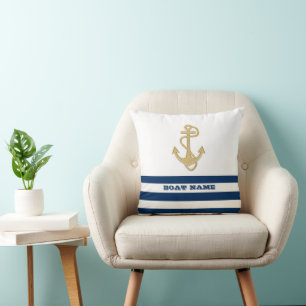 Cojín Decorativo Náutico, Ancla Dorada  Azul Marino Rayas Blancas