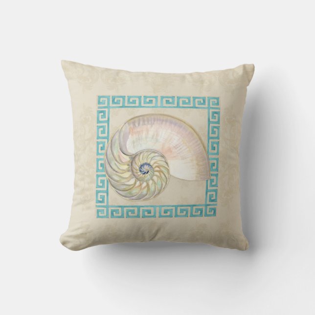Cojín Decorativo Nautilus Shell acuarela Griega Key Damask Beach (Anverso)
