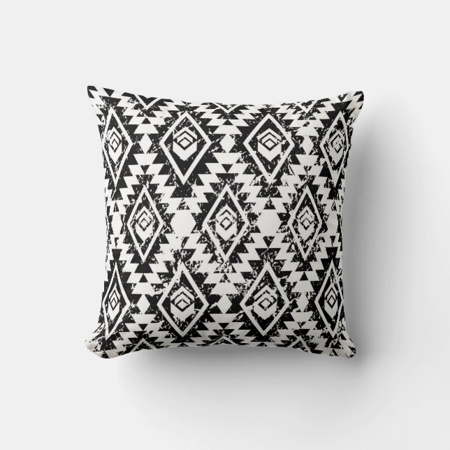 Cojín Decorativo Navajo tribal: geométrico blanco negro. (Anverso)