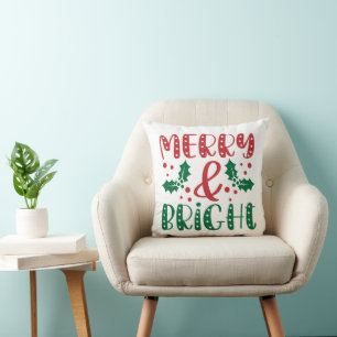 Cojín Decorativo Navidad alegre y brillante rojo y verde acebo