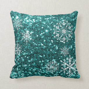 Cojín Decorativo Navidad Brillo Copo de Nieve Azul Turquesa