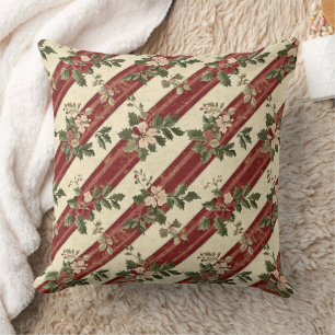 Cojín Decorativo Navidad campestre flores rojas y franjas verdes