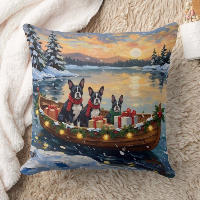 Cojín Decorativo Navidad con barco de Boston Terrier (Manta)