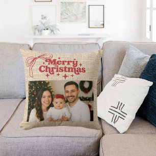 Cojín Decorativo Navidad con foto de arpillera beige y lazo rojo di