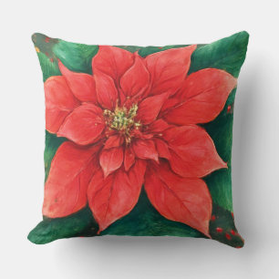 Cojín Decorativo Navidad con Poinsettia Roja Acuarela