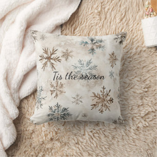 Cojín Decorativo Navidad Copos de Nieve Crema Azul Marrón