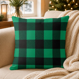 Cojín Decorativo Navidad de Cuadros de Búfalo Verde Rústico Negro