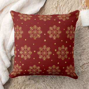 Cojín Decorativo Navidad Lujo Oro Copo de Nieve Rojo Carmesí