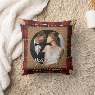 Cojín Decorativo Navidad Primera Casados Madera Rústica Cuadro Esco