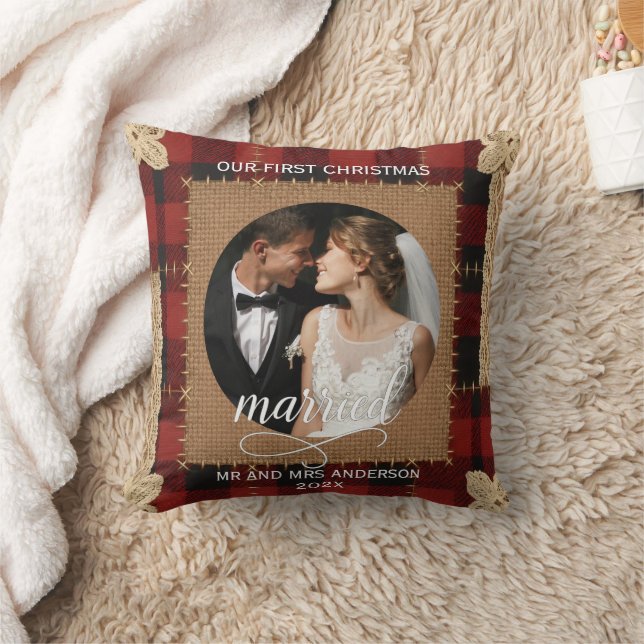 Cojín Decorativo Navidad Primera Casados Tabla de Madera Rústica Cu (Manta)