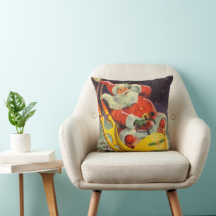 Cojín Decorativo Navidad Retro, Santa Claus en una Nave Espacial