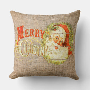 Cojín Decorativo Navidad Vintage Alegre & Santa en Arpillera Rústic