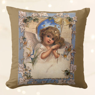Cojín Decorativo Navidad Vintage, Ángel Victoriano con Campanas Dor