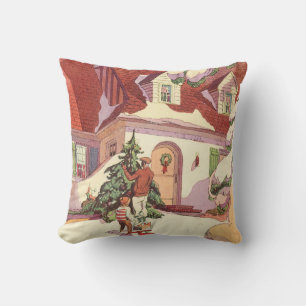 Cojín Decorativo Navidad Vintage, Casa Familiar en la Nieve
