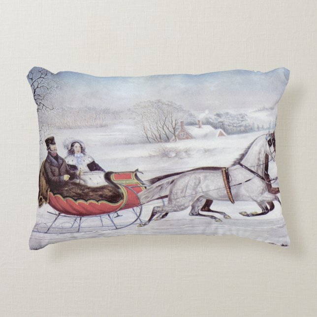 Cojín Decorativo Navidad Vintage, Invierno Camino, Caballo Sleigh (Anverso)
