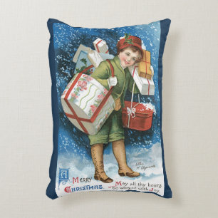 Cojín Decorativo Navidad Vintage, niña con regalos en nieve inverna