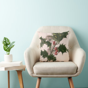 Cojín Decorativo Navidad Vintage, Planta de Acebo Verde con Bayas