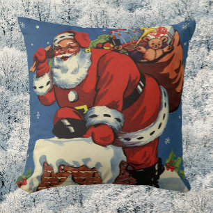 Cojín Decorativo Navidad Vintage, Santa Claus Bajando por la Chimen