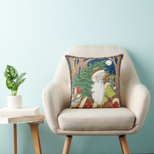 Cojín Decorativo Navidad Vintage, Santa Claus Ciervo en el Bosque