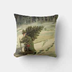 Cojín Decorativo Navidad Vintage, Santa Claus llevando un árbol