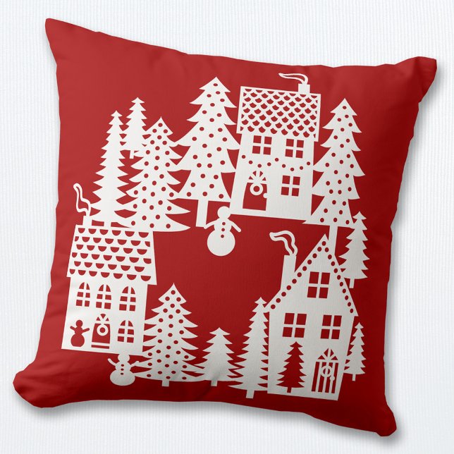 Cojín Decorativo Navidades Aldea Rojo y Blanco (Christmas snowy village scene red and white pillow)