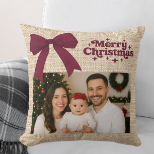 Cojín Decorativo Navidades beige burlap foto burgundy bow
