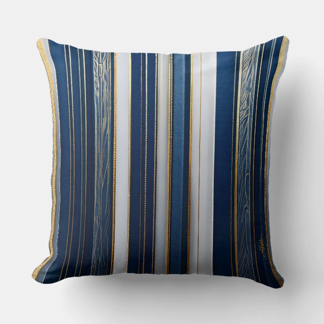 Cojín Decorativo Navidades Blues Stripes Blue White Gold (Anverso)