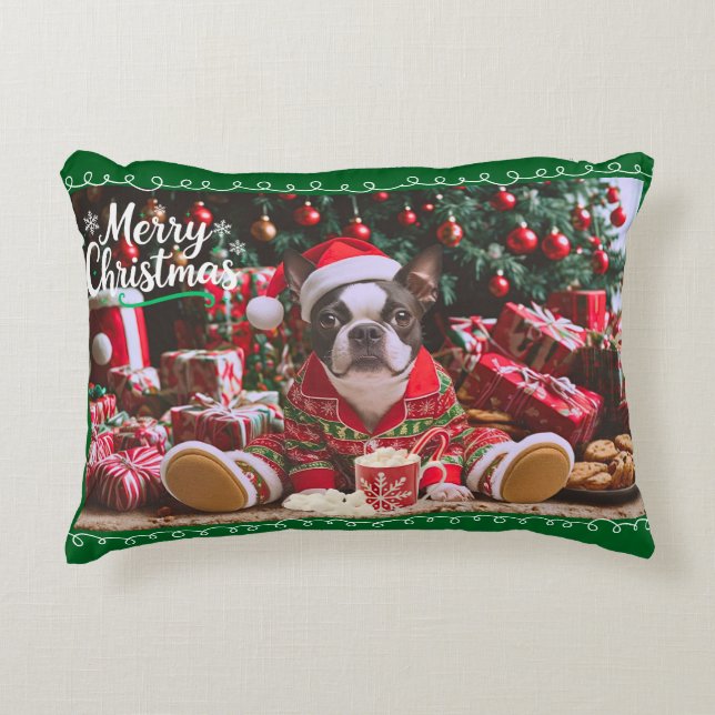 Cojín Decorativo Navidades Boston Terrier en Pajamas (Anverso)