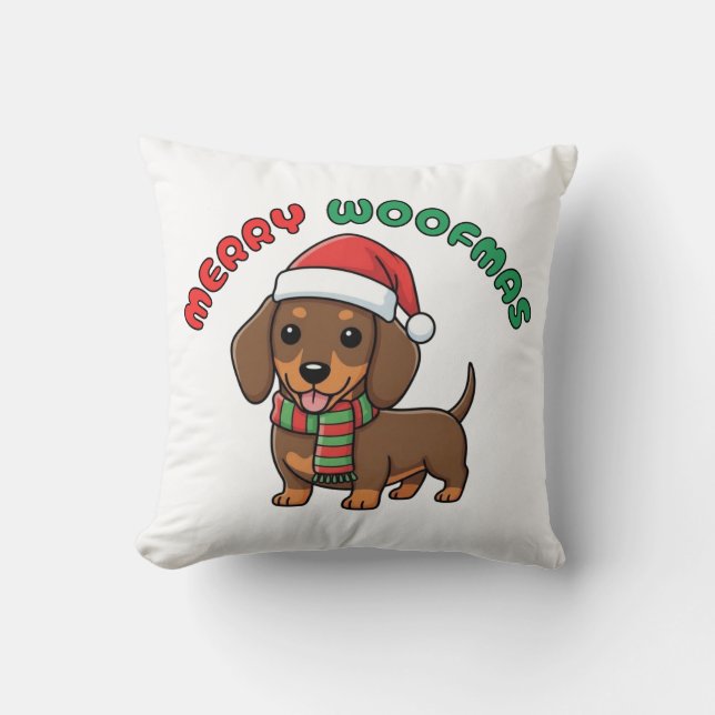 Cojín Decorativo Navidades Brown Dachshund Pillow: Merry Woofmas (Anverso)