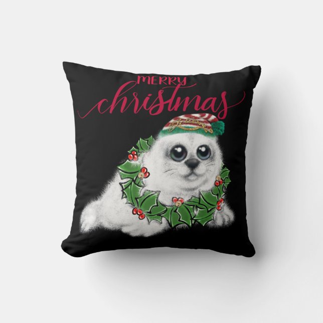 Cojín Decorativo Navidades cachorro de foca blanca, animal festivo  (Anverso)