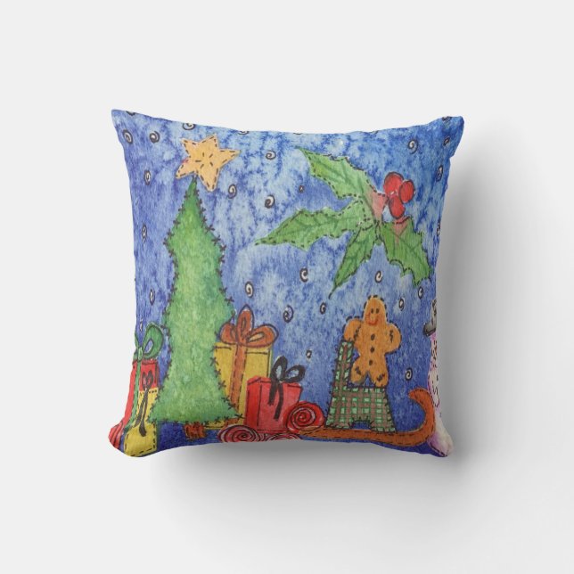 Cojín Decorativo Navidades caprichosos saludan la pintura acuarela (Anverso)