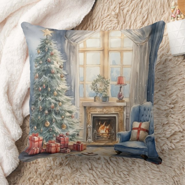 Cojín Decorativo Navidades chimenea salón árbol azul (Manta)