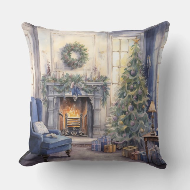 Cojín Decorativo Navidades chimenea salón árbol azul (Anverso)