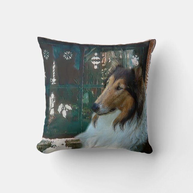 Cojín Decorativo Navidades Collie en la ventana (Anverso)