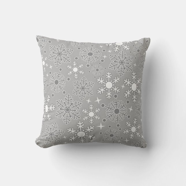 Cojín Decorativo Navidades copos de nieve patrón gris plateado (Anverso)