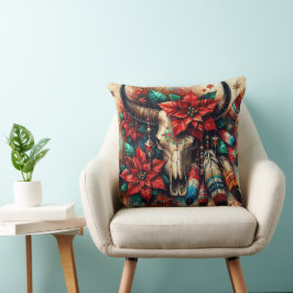 Cojín Decorativo Navidades Cow Bull Skull Poinsettias Feathers