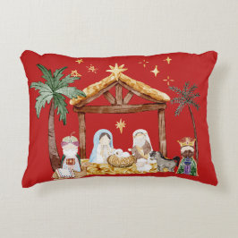 Cojín Decorativo Navidades cristianos acuarela natividad roja