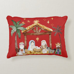Cojín Decorativo Navidades cristianos acuarela natividad roja