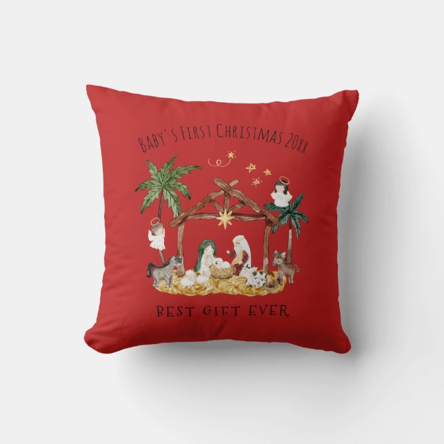 Cojín Decorativo Navidades cristianos acuarela natividad roja (Anverso)